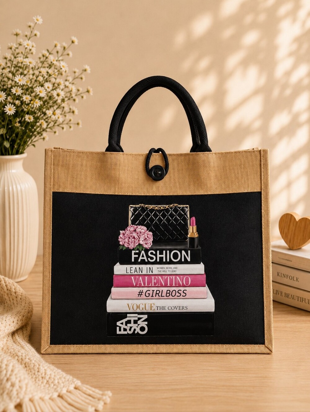 Custom Canvas Tote Bag, Large Size - Fashion Books Theme, Cream Tote